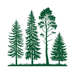 Obraz premium A set of stylized evergreen tree silhouettes, each with a unique shape and outline, arranged in two rows of five trees. The trees are solid green with no outlines or details, on a white background.