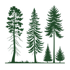 Obraz premium A set of stylized evergreen tree silhouettes, each with a unique shape and outline, arranged in two rows of five trees. The trees are solid green with no outlines or details, on a white background.