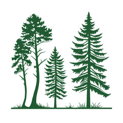 Obraz premium A set of stylized evergreen tree silhouettes, each with a unique shape and outline, arranged in two rows of five trees. The trees are solid green with no outlines or details, on a white background.