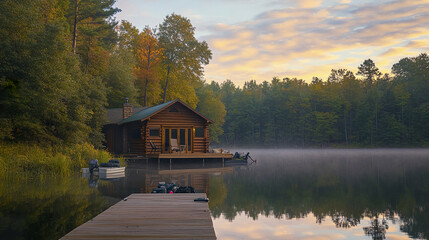 Obraz premium serene lakeside cabin surrounded by trees, perfect for relaxation and fishing