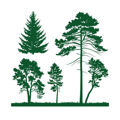 Obraz premium A set of stylized evergreen tree silhouettes, each with a unique shape and outline, arranged in two rows of five trees. The trees are solid green with no outlines or details, on a white background.