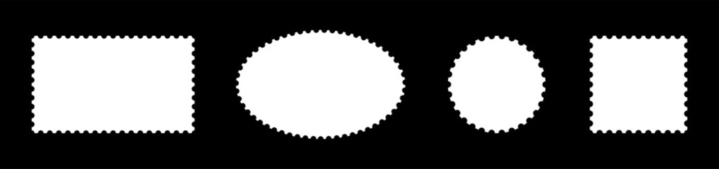 Postage stamp frame patterns set. Blank rectangular, circle vintage stamps. Backdrops for postcards, letters. Empty flat borders. Tags, labels, coupons, boxes with curvy, wiggly, wavy perforated edges