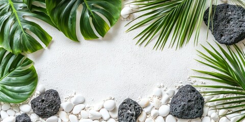 Palm leaves and volcanic rocks with scattered white pebbles on white background.