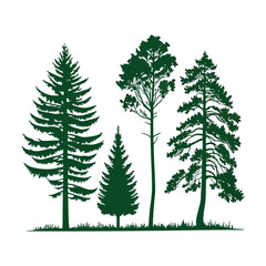 Obraz premium A set of stylized evergreen tree silhouettes, each with a unique shape and outline, arranged in two rows of five trees. The trees are solid green with no outlines or details, on a white background.