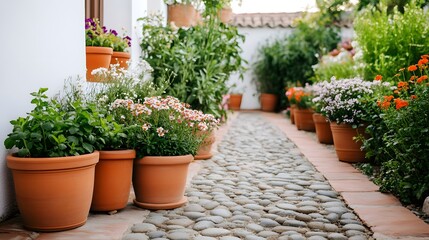 Obraz premium Lush Floral-Filled Terracotta Garden with Cobblestone Pathway, Cozy Rustic Outdoor Retreat