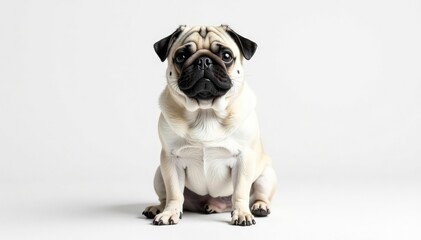Obraz premium Adorable pug dog sits alone against pure white background , animal, white background, one