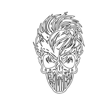 Monochrome skull portrait with stylized quiff hairstyle design illustration