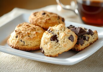Freshly Baked Chocolate Chip Cookies on a White Plate with a Cup of Tea in the Background for a Cozy Snack and Dessert Setting