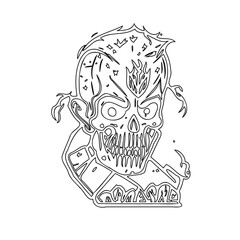Obraz premium Minimalist linear illustration: Grotesque skull with stylized flame and shattered appearance