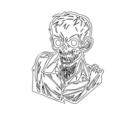 Monochrome skeletal figure sketch with exaggerated features and linear style