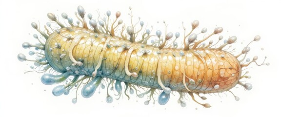 watercolor painting illustration of Microscopic view of bacteria swimming in a clear fluid environment under laboratory conditions. lactobacillus bacteria, a microscopic probiotic