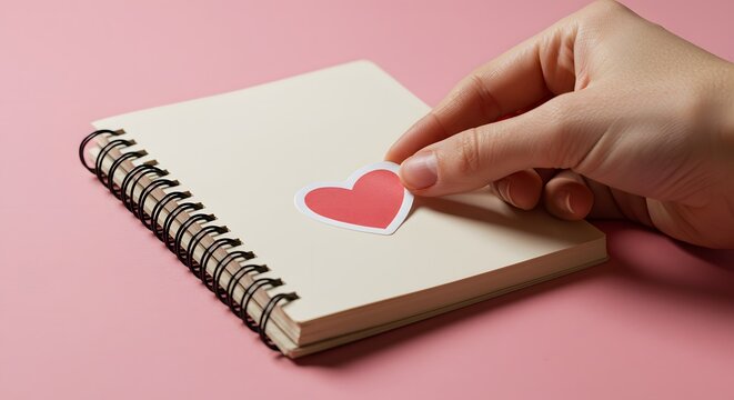 Hand placing a heart sticker on a spiral-bound notebook on a pink background, symbolizing affection and creativity