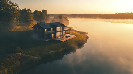 serene minimalist house by tranquil lake at sunrise, surrounded by nature beauty