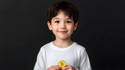 Confident Young Boy Holding a Golden Cryptocurrency Coin, Symbolizing Financial Education and Prosperity