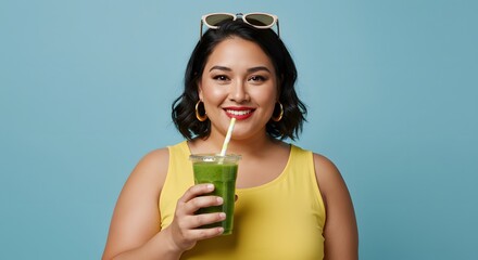 Smiling woman holds a green smoothie against a blue background, with sunglasses on her head and wearing a yellow top.