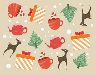 Warm and Whimsical Seamless Pattern of Christmas Gifts, Treats, and Festive Foliage, Creating a Delightful Holiday Background