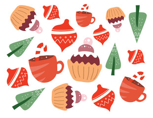 Charming Seamless Pattern of Cozy Christmas Drinks and Baked Goods: Featuring Hot Chocolate Cups, Muffins, and Ornaments on a White Background