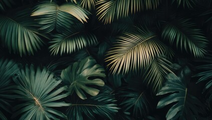 Lush tropical foliage, dark green leaves, dense, textured background