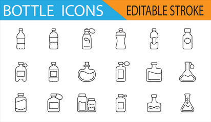 Editable stroke icons of containers and bottles, including water bottles and other beverage packaging.