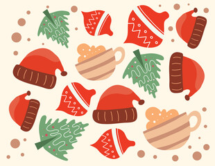 Festive Assortment of Christmas Hats, Gifts, and Pine Trees Seamless Pattern, Radiating Holiday Spirit with Warm Red and Brown Tones