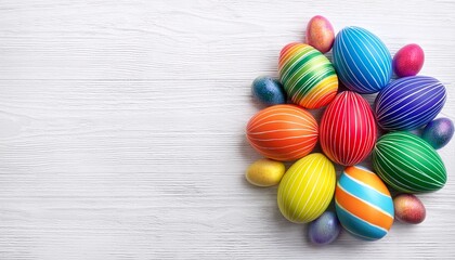 "Easter holiday celebration banner greeting card - Set collection of colorful rainbow colors painted striped easter eggs, isolated on white table texture"