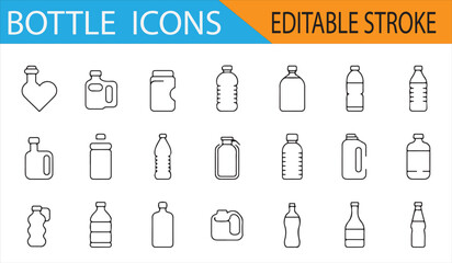 Editable vector icons of various bottles including water, milk, and plastic bottles.
