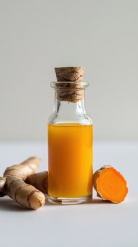 Bottle of turmeric ginger elixir with raw roots on a clean white background for health concept