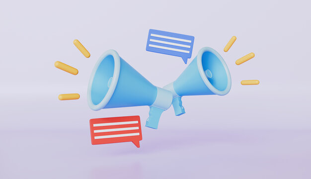 Megaphone with messages icon, Online marketing with loudspeaker 3d illustration