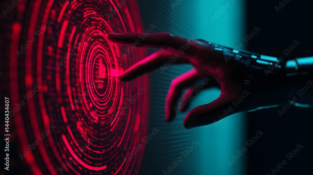 Poster vibrant futuristic digital interface with swirling circular patterns