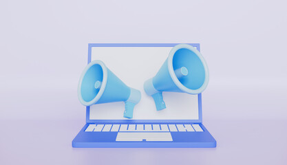Two megaphones emerging from laptop screen, symbolizing digital marketing and online advertising
