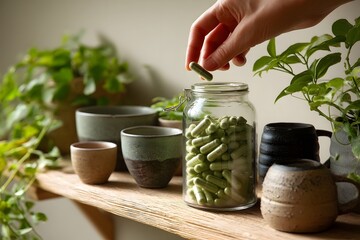 Hand reaching into glass jar of herbal capsules on wooden shelf