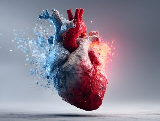 Glowing 3D rendering of a beating human heart with flowing vessels