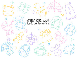 Cute baby shower doodle illustrations featuring newborn accessories like pacifiers, bottles, toys, clothes, and mobiles, perfect for nursery design, celebration invitations, and gift ideas.