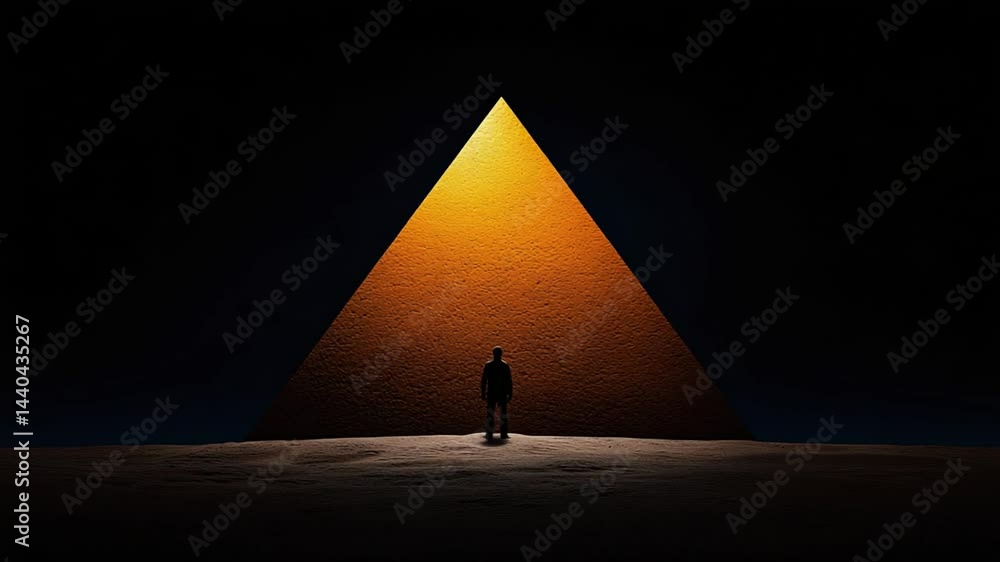 Poster person standing in front of a large illuminated pyramid shape casting dramatic shadows in a dark, su