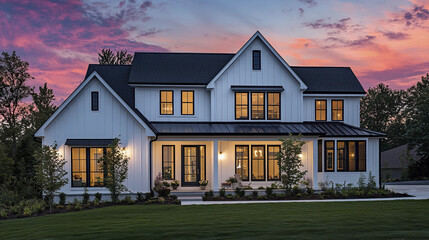 Modern farmhouse with white siding and black trim, surrounded by greenery at sunset