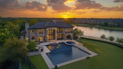 Luxurious modern home with infinity pool and sunset view over lake