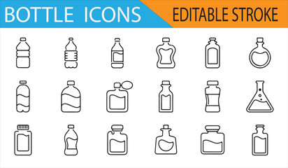 Set of 16 editable stroke icons featuring various bottle designs like water, milk, and beverage bottles