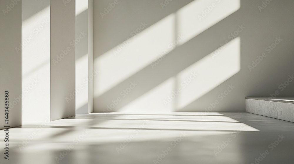 Poster modern minimalist interior with sharp angles and soft sunlight creating serene atmosphere