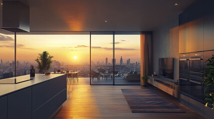 modern rental apartment with open kitchen and stunning city view at sunset