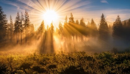 Close up of amazing mystical rising mist fog dust forest woods trees landscape panorama banner with sun sunlight sunshine and sunbeams sunshine rays