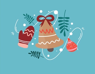 Christmas bell and mitten with pine branches in festive winter composition