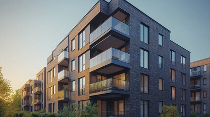 Obraz premium Modern residential buildings with brick and glass, showcasing contemporary architecture