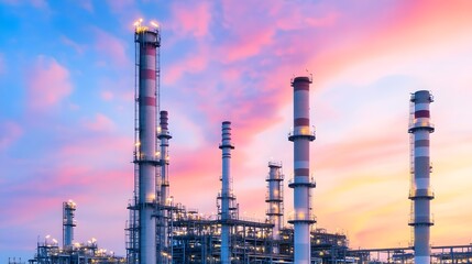 Obraz premium Dramatic Skyline of Refinery at Dusk with Glowing Smokestacks and Vapor