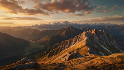 Fototapeta premium Scenic Mountain Landscape at Sunset with Golden Light and Majestic Peaks