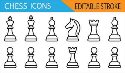 Collection of classic chess piece icons in editable stroke format, including all major pieces.