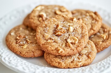 Freshly Baked Cookies with Walnut Toppings on Decorative Plate, Perfect for Dessert, Snack or Treat Enjoyed at Home or Gatherings