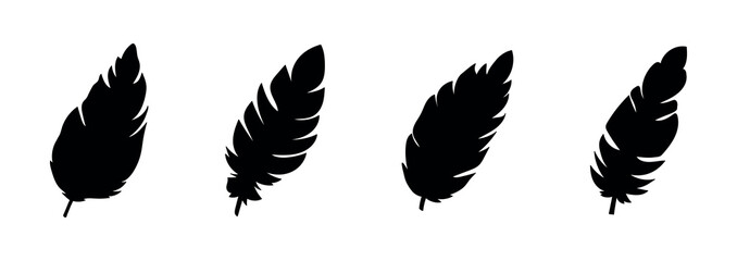Set of Black Silhouettes of Feathers Isolated on White Background. Concept of Nature Art, Minimalist Design, Elegant Plumage, Graphic Elements for Decor, Icons, Wildlife Illustration, Bird Feathers