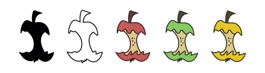 Set of Apple Cores in Different Styles Black Silhouette, Outline, Colored Versions. Collection of Eaten Apples in Red, Green, Yellow. Food Waste, Organic Recycling, Design Element. White Background