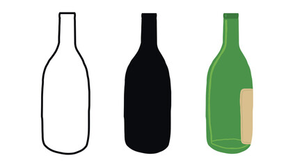 Minimalist Glass Empty Wine Bottle Illustrations in Outline, Silhouette, Colored Styles. Concept of Beverage Packaging, Beer Bottle Design, Modern Graphics. Isolated on White Background. Set