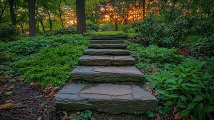 Obraz premium Stone steps leading through a lush park at sunset